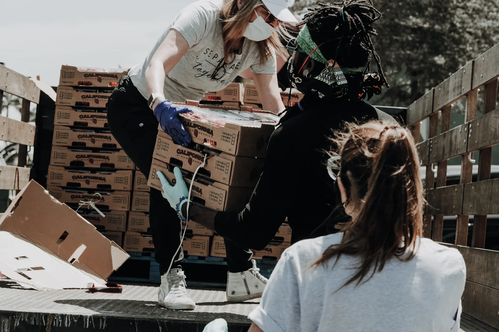 Volunteers packing food hampers at a food bank