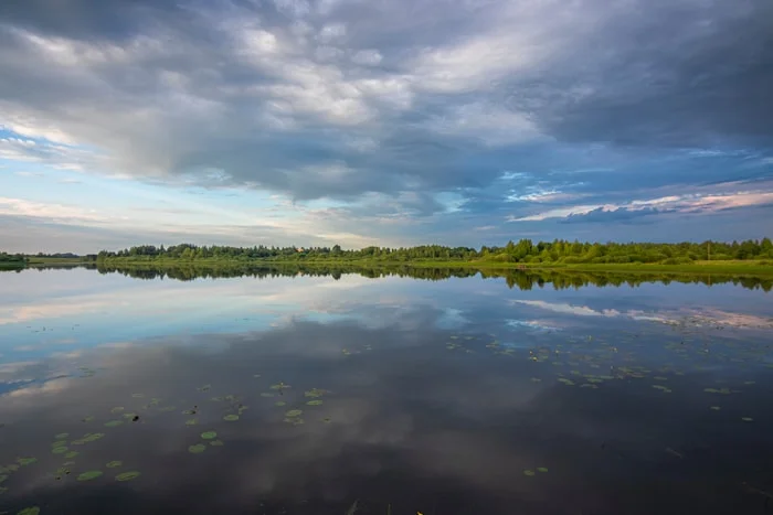 Prairie wetland with reeds and open water reflecting a bright sky